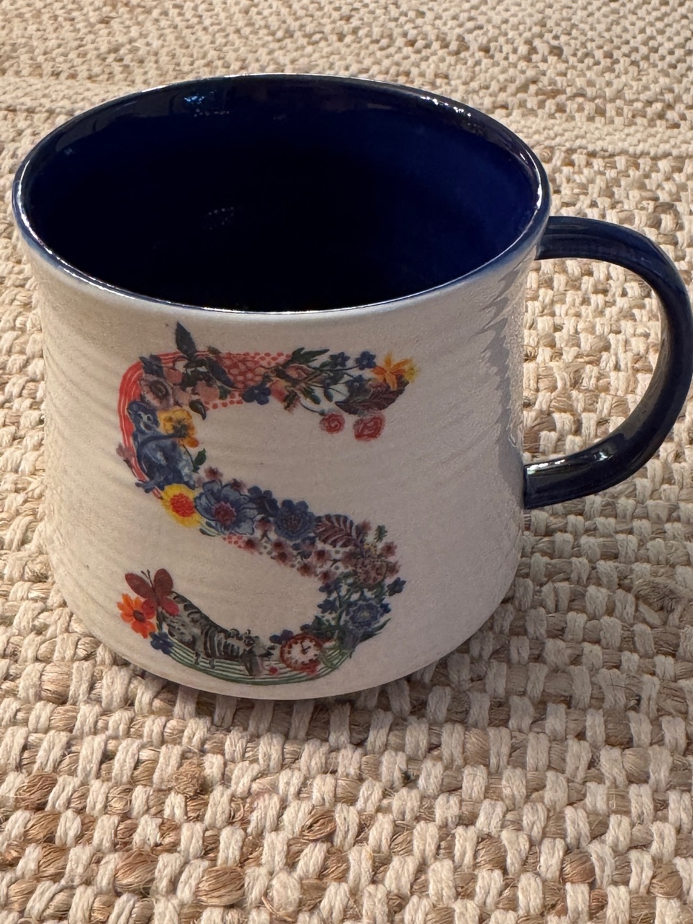 Anthropologie S Monogrammed Coffee Tea Mug Blue Floral